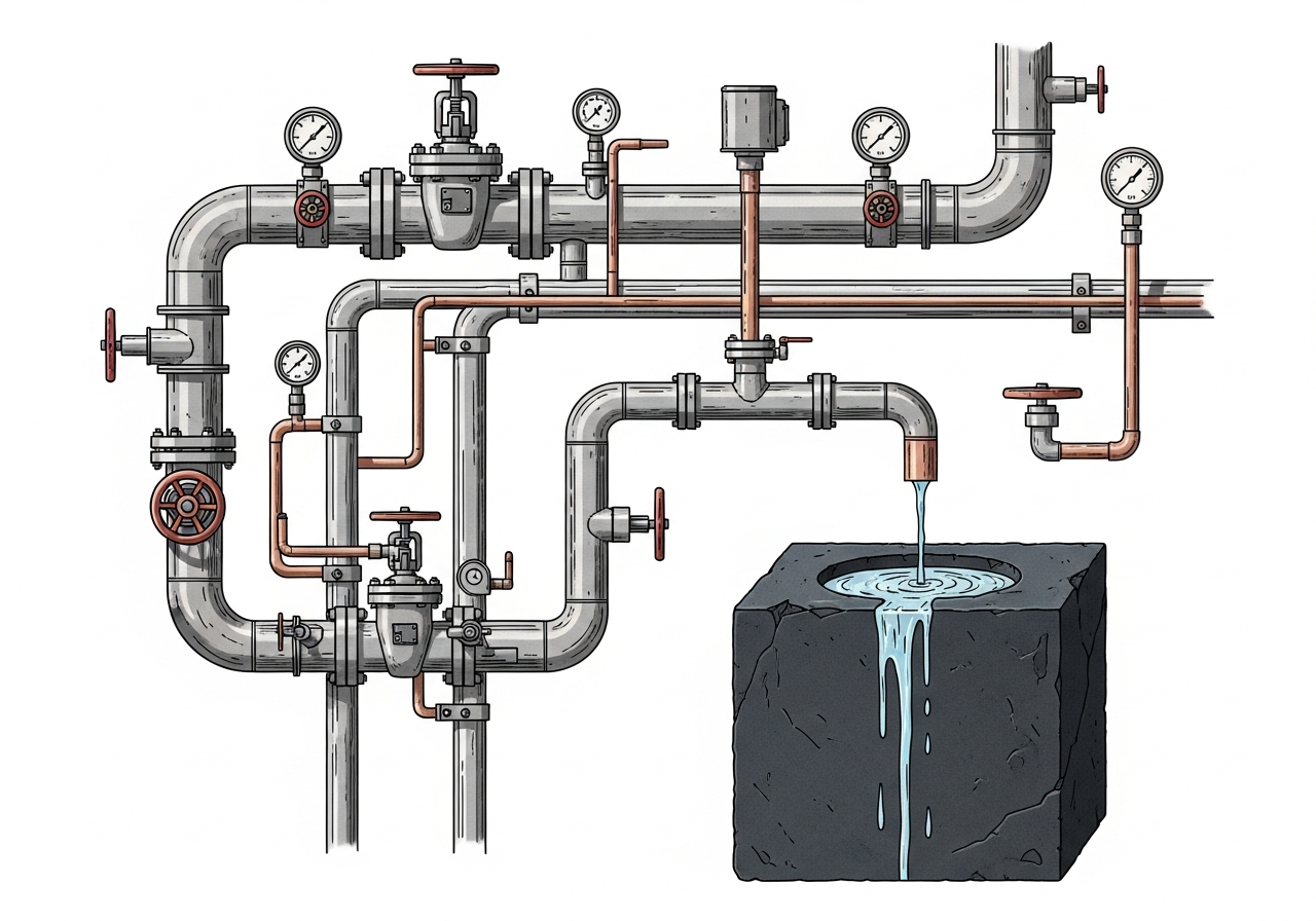 The institutional plumbing of financial repression — pipes, valves, and gauges patiently eroding a block of stone