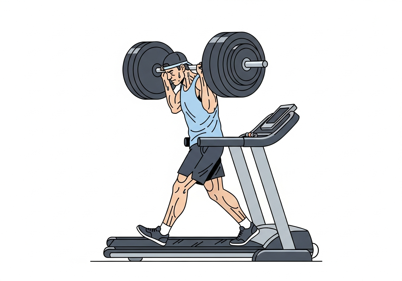 A figure on a treadmill carrying a heavy barbell — straining but moving forward